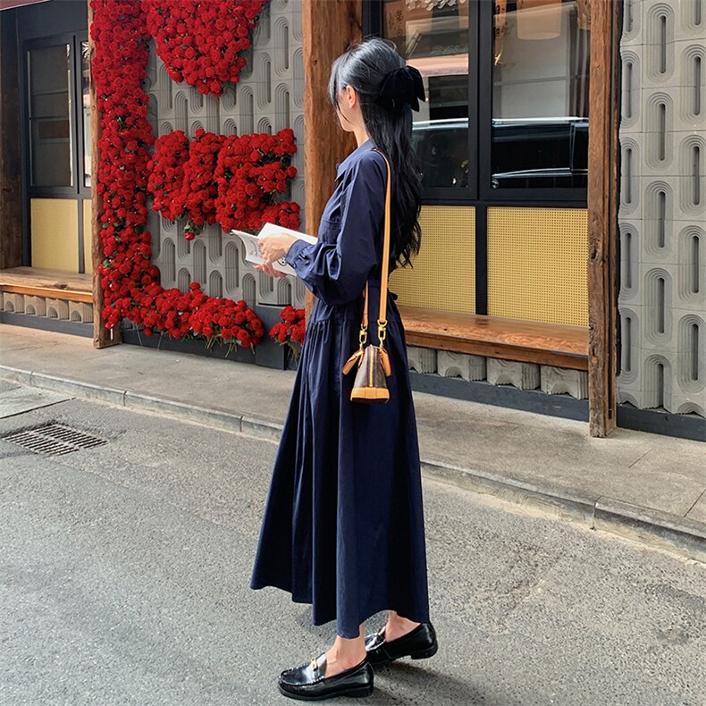 法式衬衫连衣裙女士中长款,女装连衣裙,素月