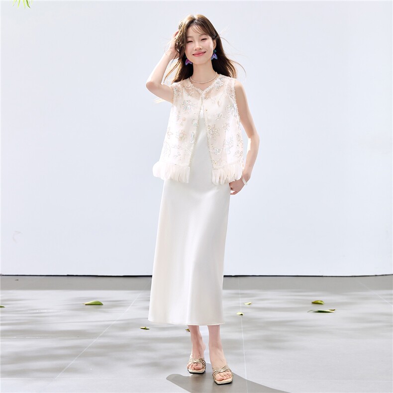 夏季新款现货！2026温柔风重工立体花卉马甲+珍珠吊带长裙套装女,女装套装/套裙,宝儿家