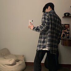 【有货】DC05-特P55春秋黑白格子长袖衬衫男复古宽松衬衣百搭外套，男装衬衫，星座603-2