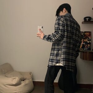 【有货】DC05-特P55春秋黑白格子长袖衬衫男复古宽松衬衣百搭外套图片