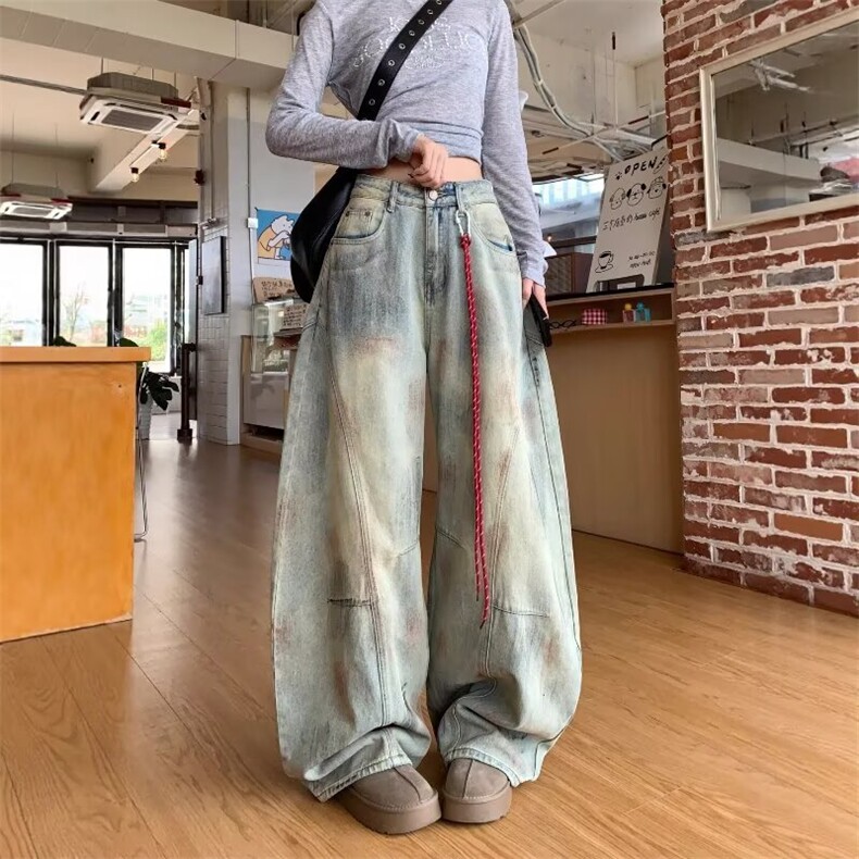 美式复古脏染做旧解构弯刀牛仔裤女新款宽松阔腿长裤NZ1450-P50,男装牛仔裤,星座308B-2