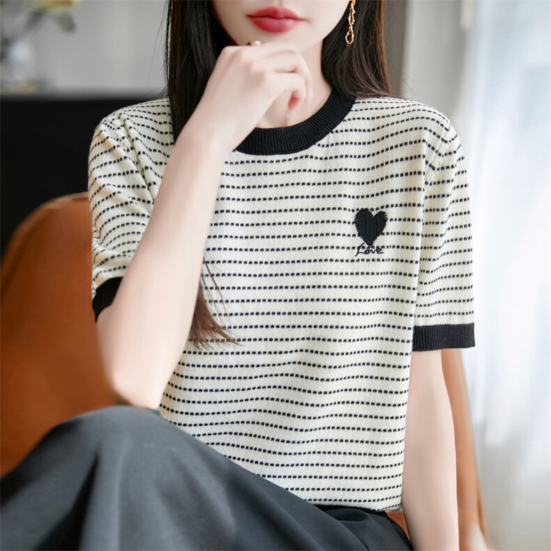 2025春季新款宽松休闲圆领短袖t恤女精仿夏季薄款刺绣针织衫上衣，女装针织衫/毛衣，九嘉羊绒