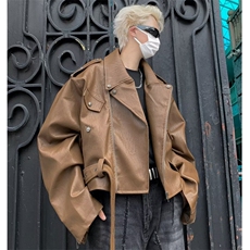 棕色垫肩短款皮衣外套男美拉德穿搭痞帅小众骑行机车服1338-P95，男装皮衣，星座910-5