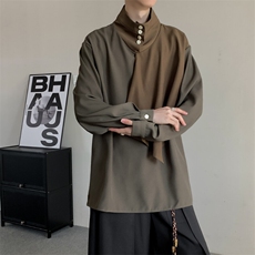 春装2025美拉德日系复古风设计感男女拼接立领衬衫质感半高领衬衣，男装衬衫，星座909