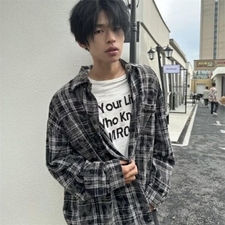 春秋季情侣嘻哈扎染格纹破坏毛边衬衫男女宽松长袖衬衣外套格子,男装衬衫,星座506A