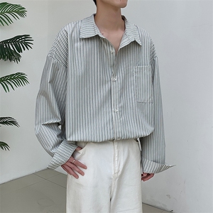 CS701 港风春季竖条长袖衬衫男潮牌宽松冰丝薄款抗皱衬衣 P40图片