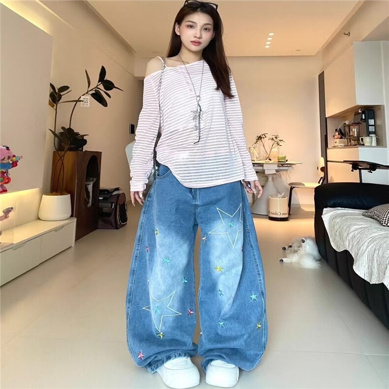 美式复古刺绣牛仔裤2025夏季宽松阔腿做旧弯刀长裤,男装牛仔裤,星座1210-1