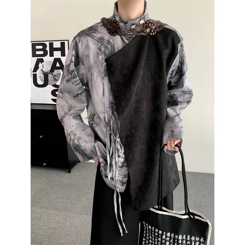 春秋复古新中式冰丝提花衬衫男女立领小众设计感水墨画风上衣,男装衬衫,星座909