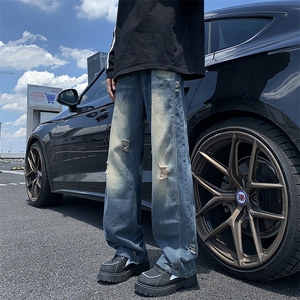 水洗做旧复古破洞牛仔裤潮hiphop裤子男小众设计感直筒裤美式高街图片