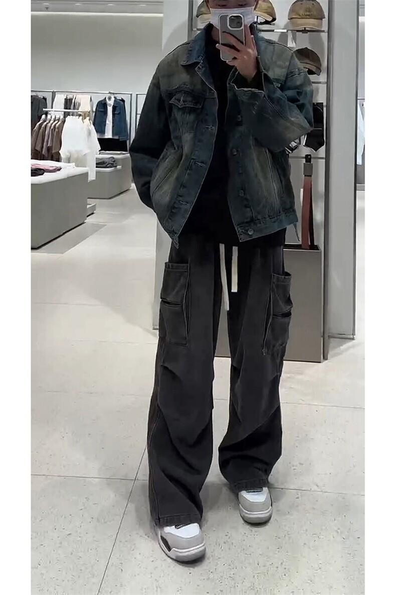 春款热卖货足裤子直筒休闲牛仔裤百搭高街工装褶皱伞兵裤K646TP55,男装牛仔裤,电商A102B