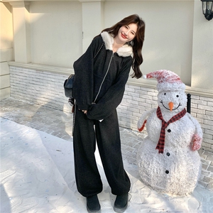 韩系慵懒风毛领连帽卫衣套装女冬季加绒加厚两件套休闲运动套装图片