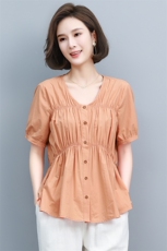 现货棉麻衬衫女夏季新款宽松短款遮肚子上衣妈妈短袖v领苎麻小衫，女装衬衫，涵誉