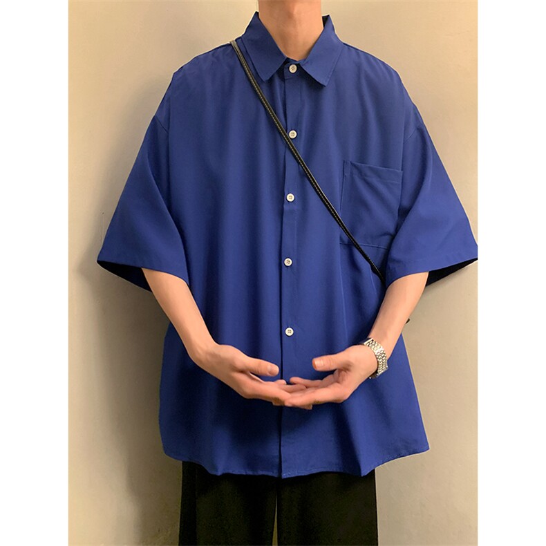 C6042/P35夏款冰丝克莱因蓝衬衣男女开衩短袖衬衫控58,男装衬衫,电商A141