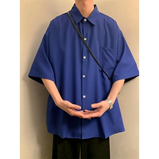C6042/P35夏款冰丝克莱因蓝衬衣男女开衩短袖衬衫控58，男装衬衫，电商A141