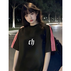 抖音得物品质二开240克宽松纯棉美式潮牌印花三条杠中性风短袖T恤，男装T恤，电商A486-1