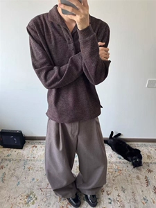现货~老钱风罗马格意式一片领猫眼宝石扣polo长袖男~C25231批55图片