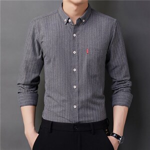 长袖休闲翻领衬衫男2023春季商务男士中年爸爸装条纹棉衬衣新款,男装衬衫,电商B212（原钱塘6029）