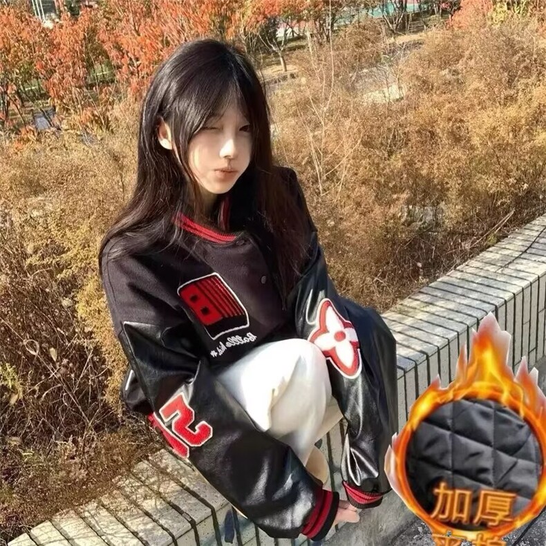 潮高街徽章刺绣pu皮拼接夹克男女青少年学生百搭潮流棒球服,男装夹克,四季星座505