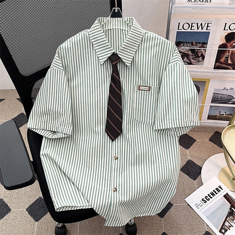 2025夏季新款条纹领带短袖衬衫半袖衬衣班服配领带现货W8609-P35,男装T恤,星座512-4