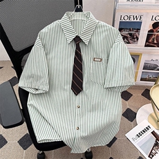 2025夏季新款条纹领带短袖衬衫半袖衬衣班服配领带现货W8609-P35，男装T恤，星座512-4