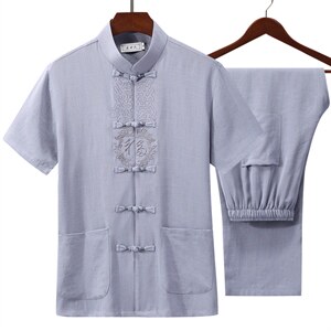 高档唐装太极服中式刺绣立领短袖棉麻风时尚男套装YD1802-P70