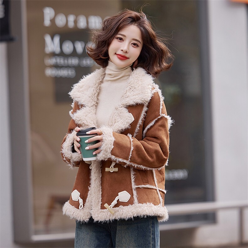 加绒皮毛一体羊羔毛外套女2024冬季新款小个子加厚保暖麂皮绒棉服,女装短外套,慧尚依恋