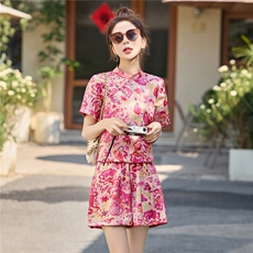 新中式印花连衣裙短裤套装女夏2025新款小个子国风旗袍裙子两件套，女装套装/套裙，贵人树