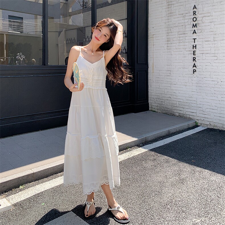 法式温柔风白色吊带连衣裙女2025夏季新款度假风直筒显瘦V领长裙,女装连衣裙,浙宝276（原081）