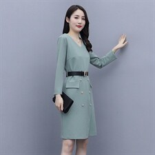 2021春季新款时尚气质优雅V领罗马针织连衣裙配腰带，女装连衣裙，岚衣(原川流布茜）
