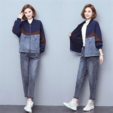 2021秋冬新款时尚休闲撞色拼接加绒套装，女装套装/套裙，独衣靓