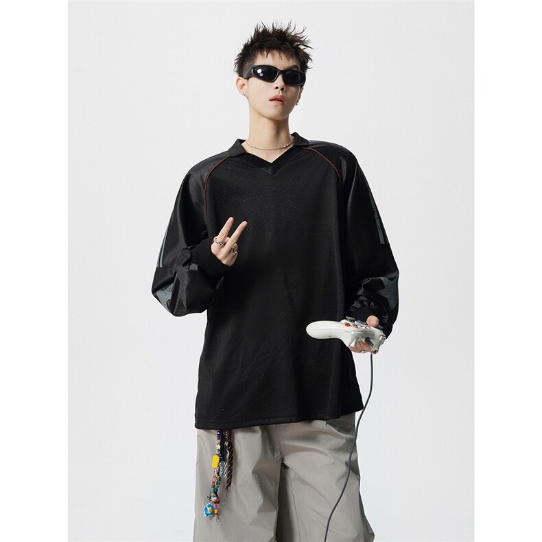 可二开美式POLO衫大码M-5XL拼接V领球衣长袖T恤男CX78111P45控69，男装Polo衫，星座227-7