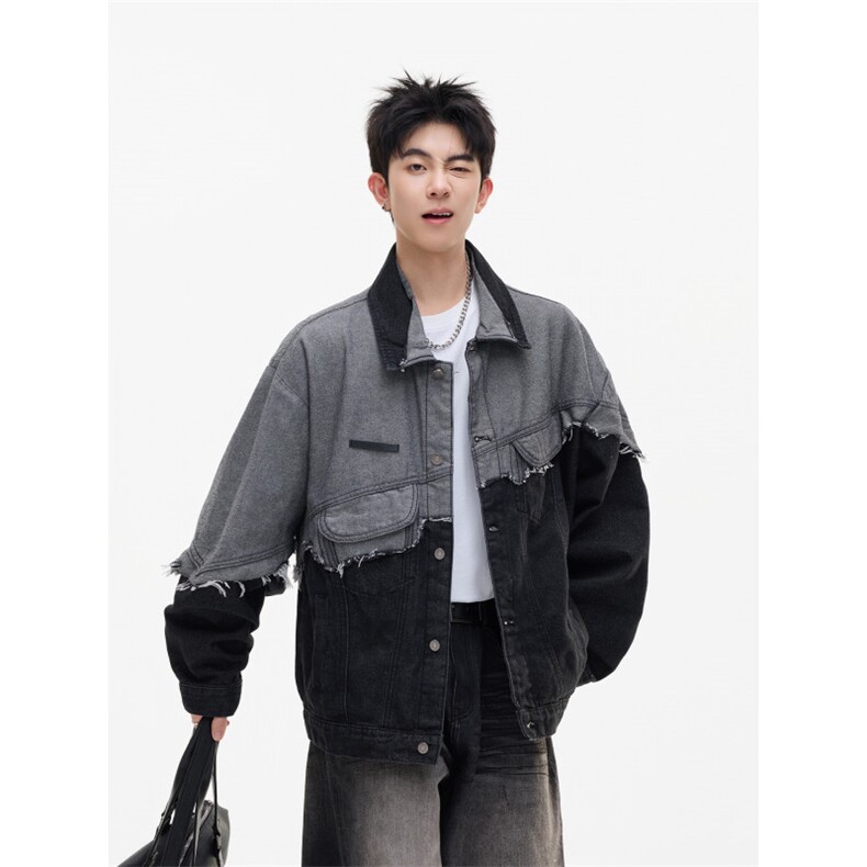 美式撞色拼接牛仔外套男女复古做旧流苏宽松情侣夹克潮JK0452-P72,男装工装外套,星座308B-2