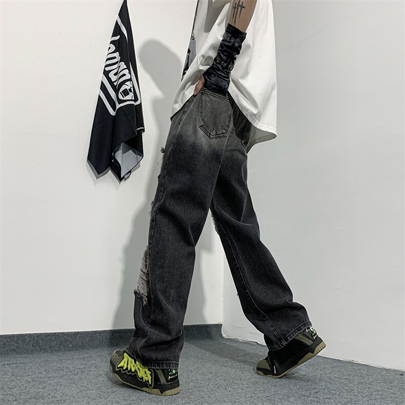 欧美hiphop炸街裤子美式复古渐变色破洞牛仔裤直筒裤潮N01459-P43,男装牛仔裤,星座308B-1