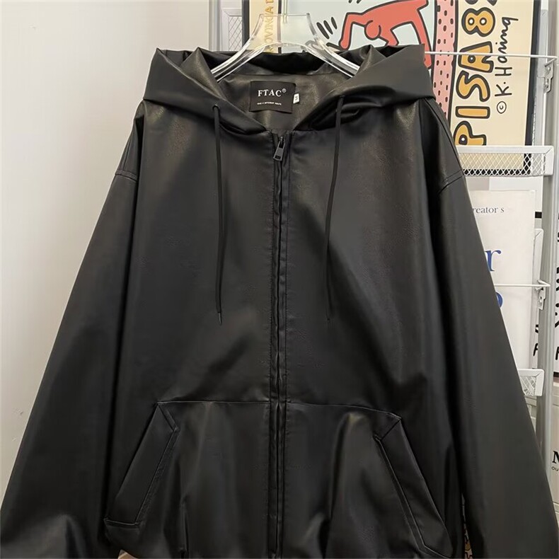 连帽皮衣外套男春秋美式痞帅高级感廓形宽松PU皮夹克2260P75,男装皮衣,星座410-2