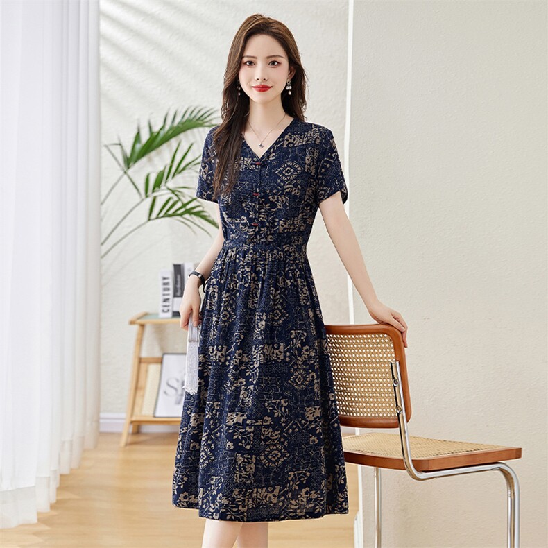复古印花棉麻连衣裙女2025夏季新款气质V领收腰显瘦中式盘扣裙子,女装连衣裙,倪叶myz