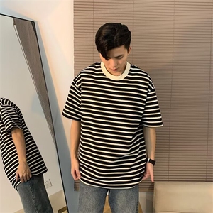 条纹短袖t恤男夏季百搭潮流宽松休闲五分袖韩版潮牌圆领WL377-P42图片