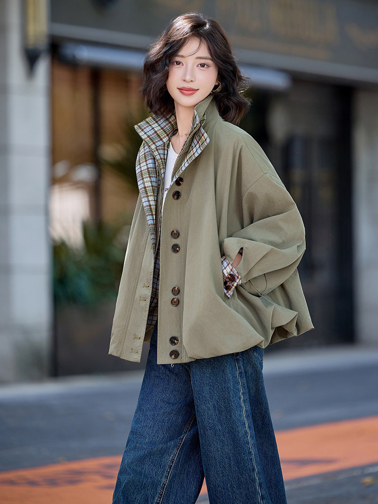 水衣源2796款灯笼外套女咸菜绿立领格子拼接洋气一手长风衣,女装风衣,水衣源
