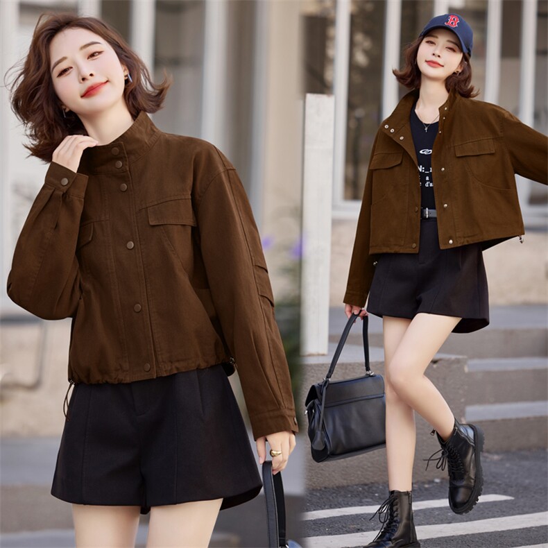 复古工装夹克外套女短款春秋新款时尚立领宽松休闲小个子显瘦上衣，女装短外套，米雪儿
