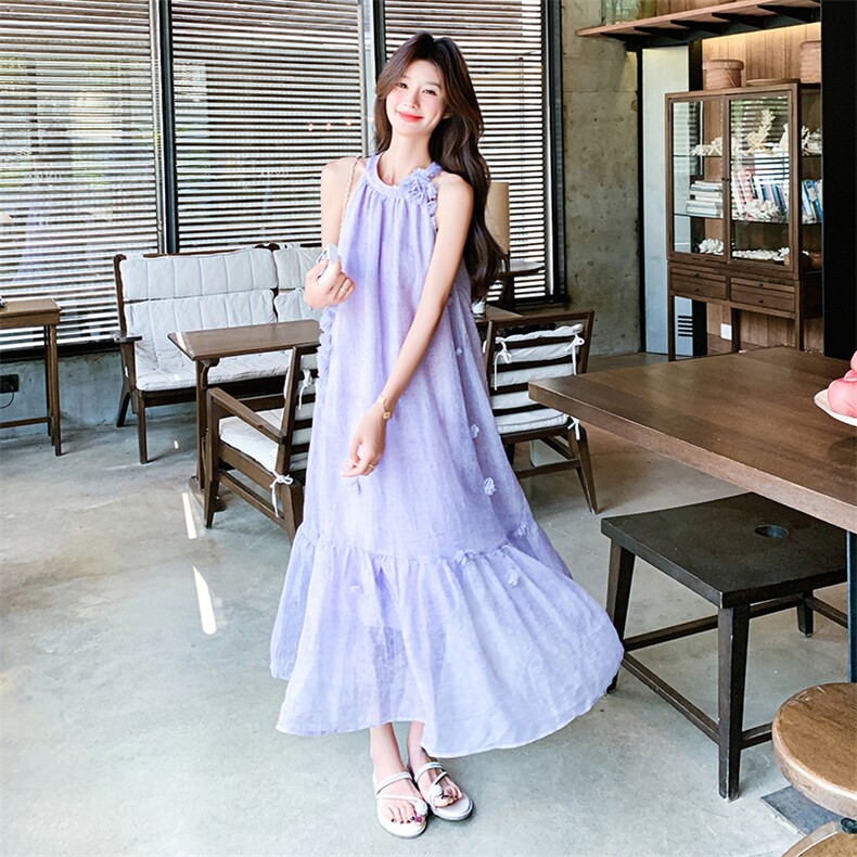 紫色立体花朵挂脖连衣裙女2025夏季新款超仙法式绝美漂亮露肩长裙图片