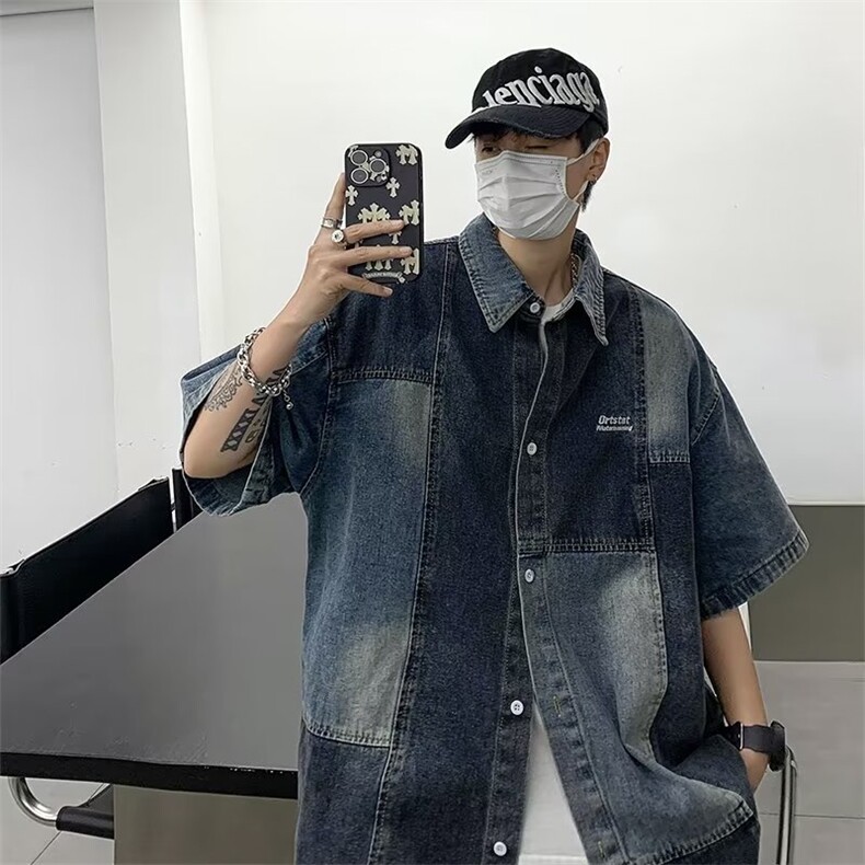 接拼牛仔短袖衬衫男美式复古小众衬衣夏季休闲宽松上衣服SH45-P53,男装衬衫,星座1008