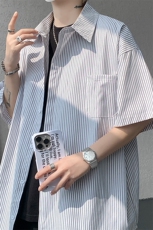 8XL-M条纹短袖衬衫男夏季宽松慵懒风痞帅大码衬衣外套DC28001P40，男装衬衫，电商B312