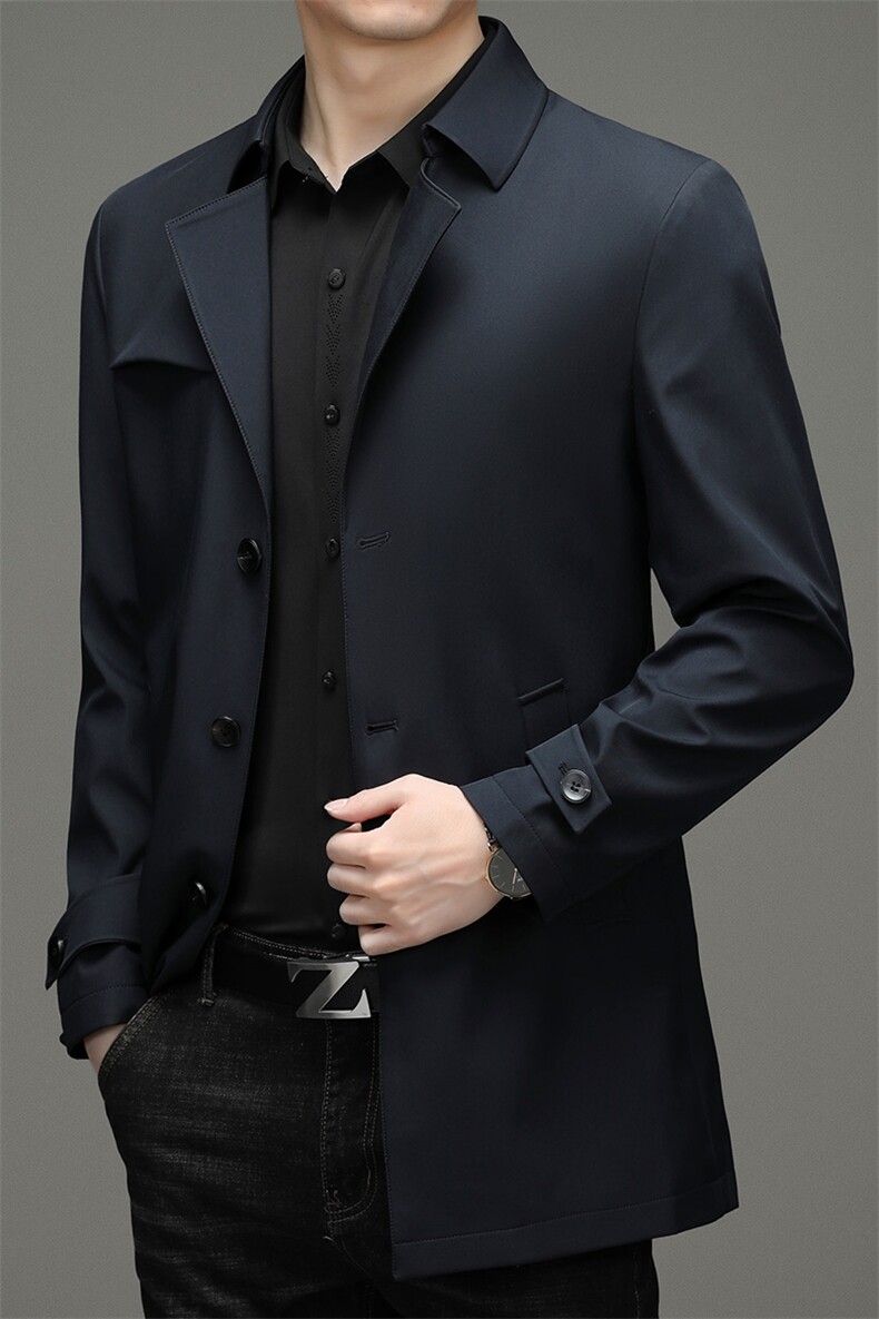 2023春秋季新款中长款风衣中年商务男士纯色商务休闲帅气外套,男装风衣,电商B212（原钱塘6029）