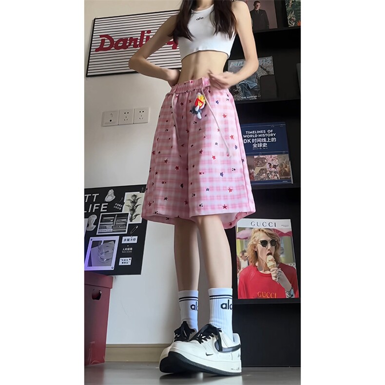 格子撞色拼接休闲短裤男夏季潮牌轻薄速干宽松情侣款沙滩五分裤子,男装牛仔裤,电商B335