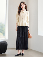 现货！秋季新款韩版时尚POLO领荷叶边上衣+百褶蕾丝裙两件套裙女，女装套装/套裙，宝儿家