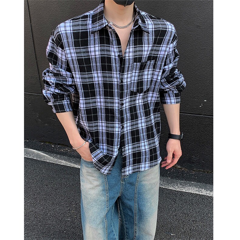 美式高街潮流格子衬衫潮牌宽松休闲上衣A086-CS2208-P35,男装衬衫,电商基地A086