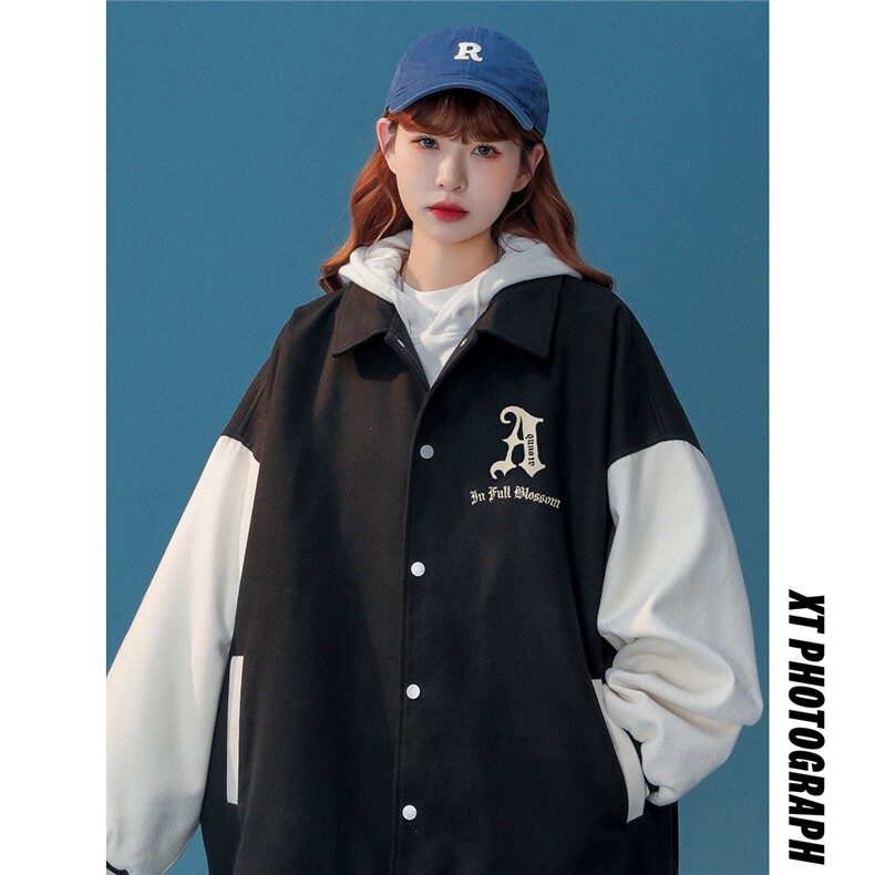 中性春季美式复古拼接螺纹翻领棒球服百搭夹克G612P85控118,男装夹克,A247A