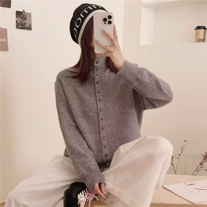 韩系立领开衫毛衣外套女2025秋冬时尚方形纽扣宽松纯色针织衫打底图片