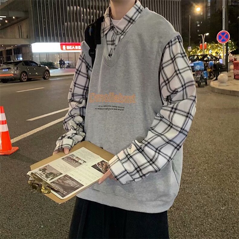 新款潮流ins假两件衬衫男春秋百搭休闲港风宽松网红衬衣w012-p42,男装卫衣,星座1008-1