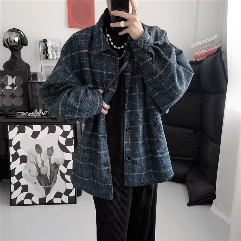 1506-1/Q2050/P59港风毛呢格子长袖衬衫男高级感休闲百搭上衣，男装衬衫，星座1506