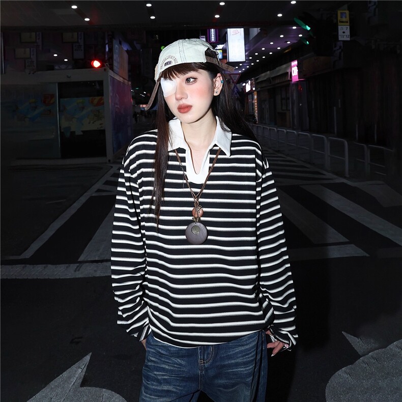 条纹设计INS风翻领衬衫女百搭通勤撞色T恤长袖上衣春秋TX0049,男装T恤,星座516A
